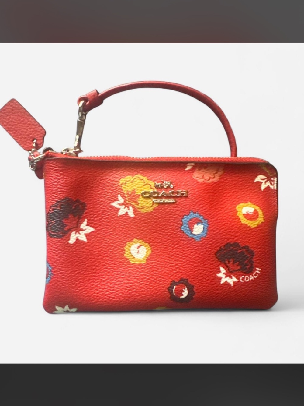Coach Red Floral Wristlet with Multicolor Blooms